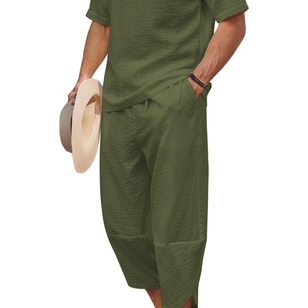 Men's Linen Henley Capri Set